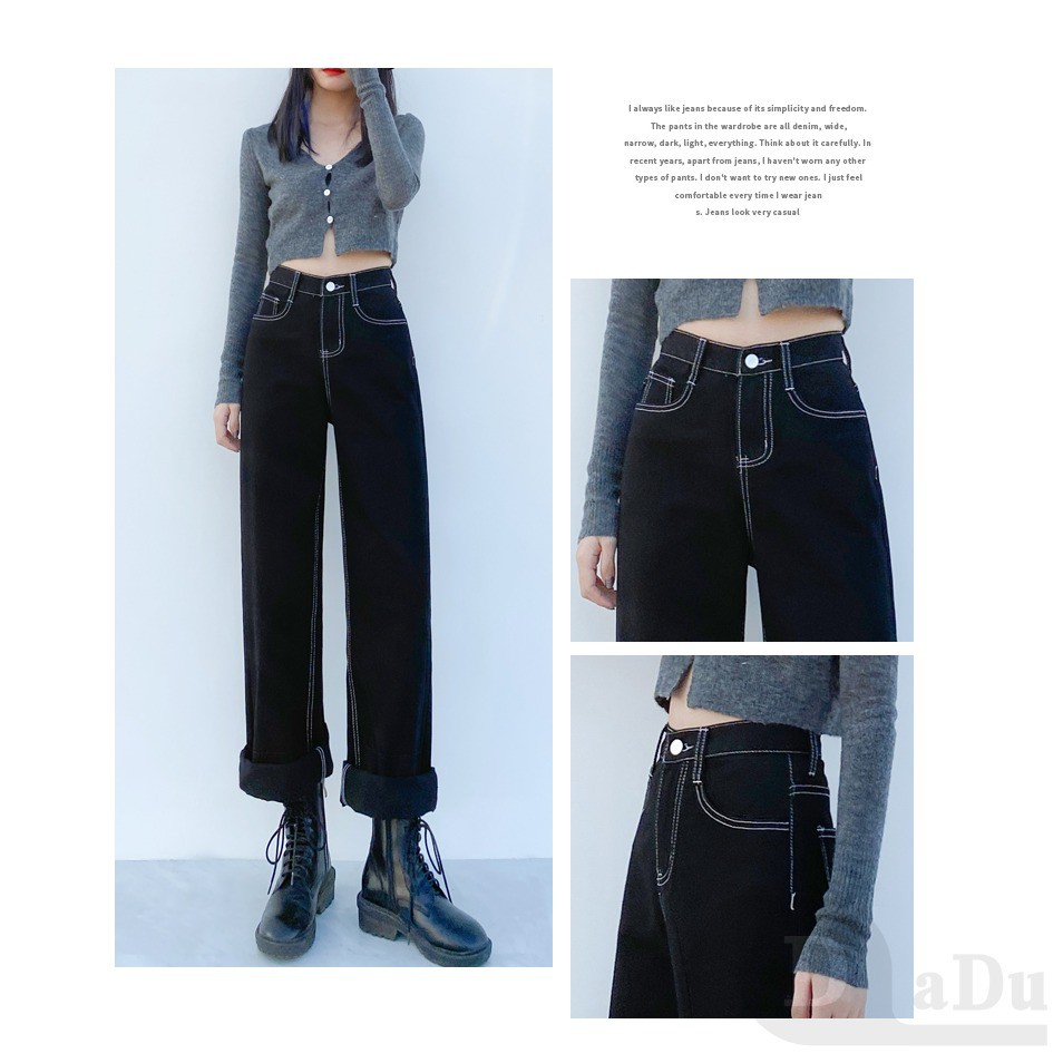 Ảnh Dadu XS ~ 5XL Ống Rộng Thẳng Quần Jean Đen Thời Trang Palazzo Sàn Quần Denim Nhật Bản Quần Eo Cao Plus Size Quần 4