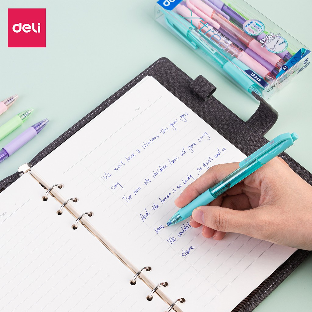 Combo 5 Bút Bi Bấm Pastel Mực Xanh Có Đệm Tay Ngòi 0.7mm Deli Giá Rẻ Viết Nét Đều Trơn Tru Cho Học Sinh Văn Phòng