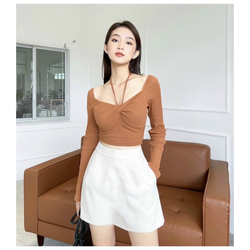 SET ÁO CROPTOP XOẮN NGỰC, DÂY CỔ KÈM CHÂN VÁY CHỮ A, SET ĐỒ NỮ TRẺ TRUNG NĂNG ĐỘNG | MEOINDAHOUSE