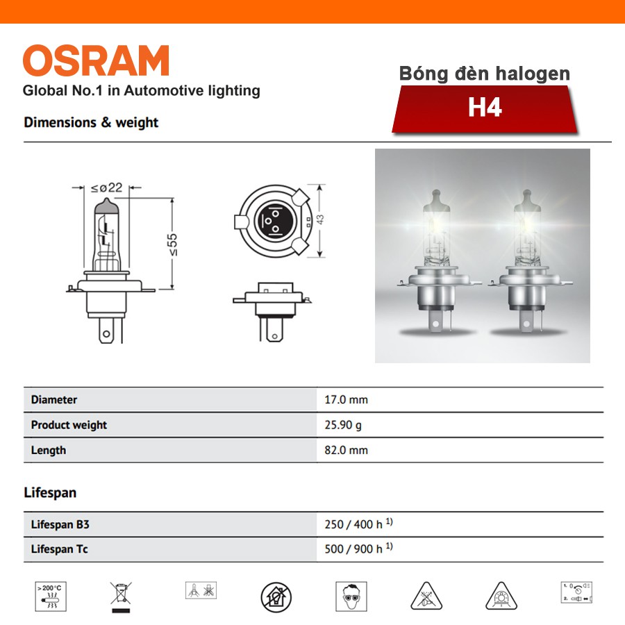 Bóng Đèn Pha/Cos Halogen OSRAM Original Dùng Cho Xe Ô Tô Xe Hơi Xe Máy Chân H4 12V 60/55W 64193-01B - 3200K 1650/1000LM