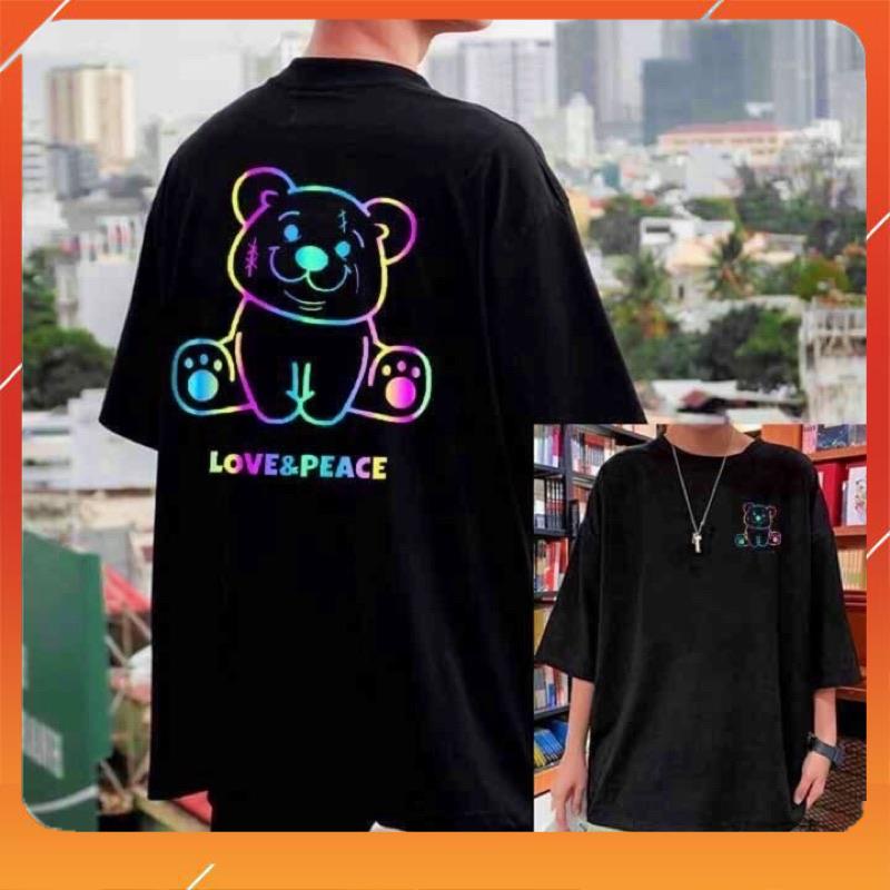Áo thun tay lỡ phản quang phông Unisex nam nữ Cotton oversize đến 75Kg form rộng hình gấu Love & Peace AP 876