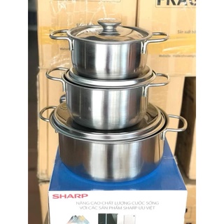 [SALE] Bộ 3 nồi inox SHARP nắp inox 24cm 20cm 16cm dùng dược bếp từ và mọi loại bếP