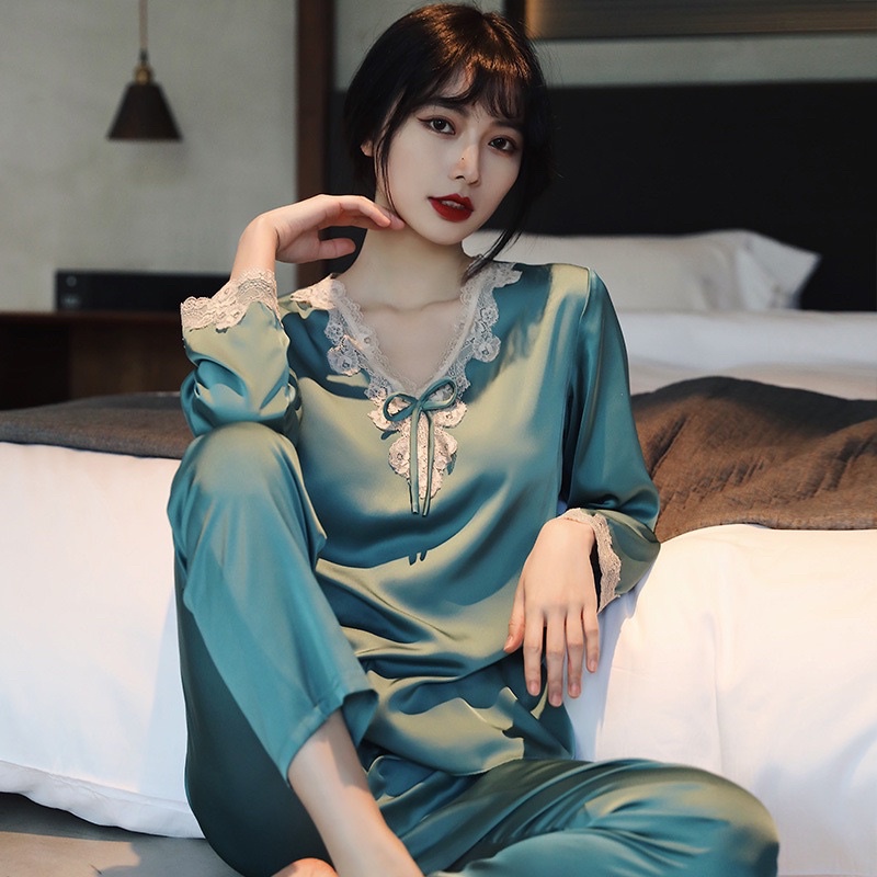Bộ đồ lụa mặc ngủ, mặc nhà phối ren cao cấp - C98