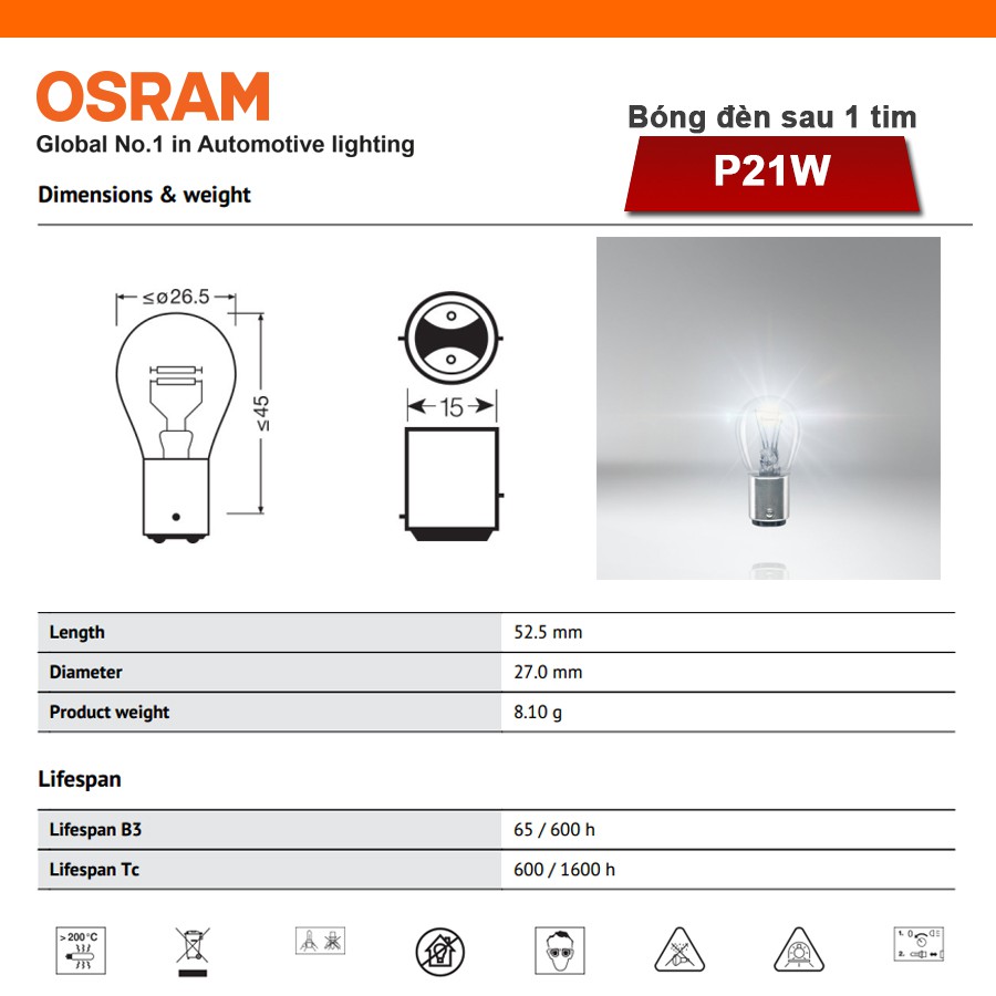 Combo 2 Bóng Đèn Sau 1 Tim OSRAM Original P21W 24V 21W (Chân Thẳng)