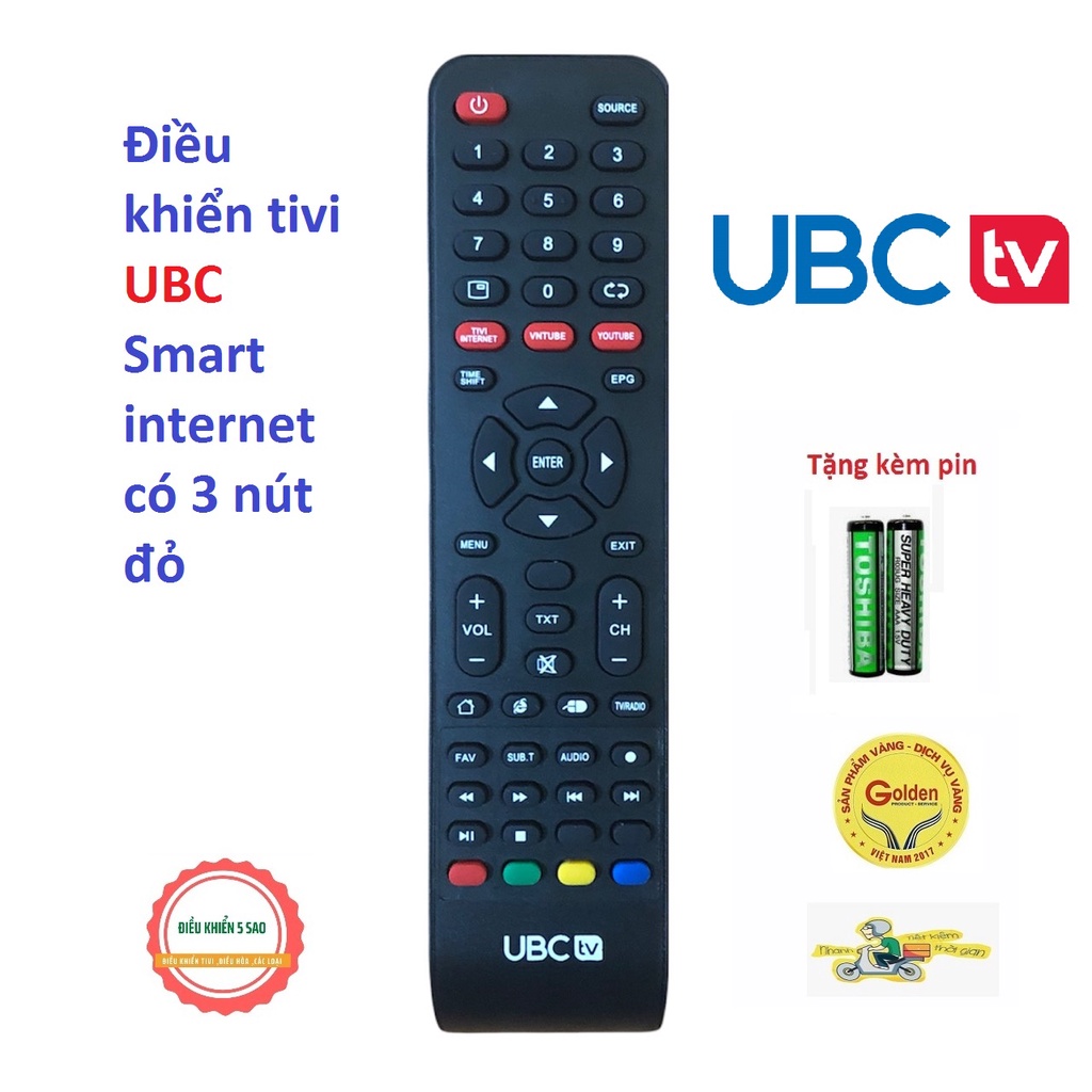 Điều khiển tivi UBC chính hãng smart internet 3 nút đỏ TIVIINTERNET VNTUBE YOUTUBE chất lượng thay thế khiển zin