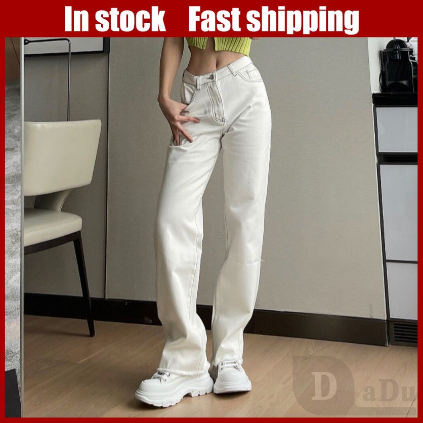 Ảnh Dadu XS ~ 5XL Quần ống rộng Denim Hàn Quốc Quần jean thông thường phong cách BF Dài eo cao Cắt thẳng Quần jean trơn 1