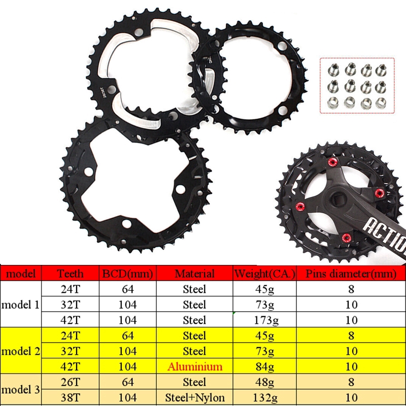 104 / 64BCD Chainring 24 / 26 / 32 / 38 / 42t MTB Xe Đạp Dây Xích Vòng Đôi / Ba Chainwheel Xe Đạp leo Núi Phụ Kiện Crankset