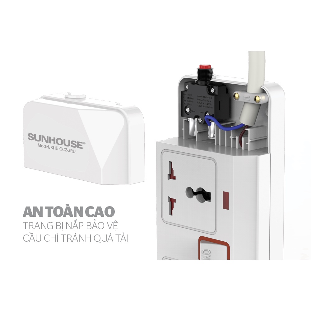 Ổ cắm điện Sunhouse SHE-OC2-3RU - 2 chấu, 3 chấu cắm, 2 sạc USB, cho phích 2 chấu và 3 chấu | BigBuy360 - bigbuy360.vn