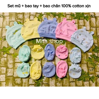 set mũ bao tay bao chân cho bé sơ sinh đến 3 tháng 100% cotton đẹp - nón vớ trẻ em