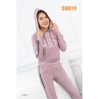 Bộ đồ mặc nhà nữ SUNFLY dáng thể thao cotton có mũ áo dài quần dài SS5583