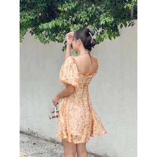 Somee studio Váy tơ hoa cam tay bồng Judy Dress