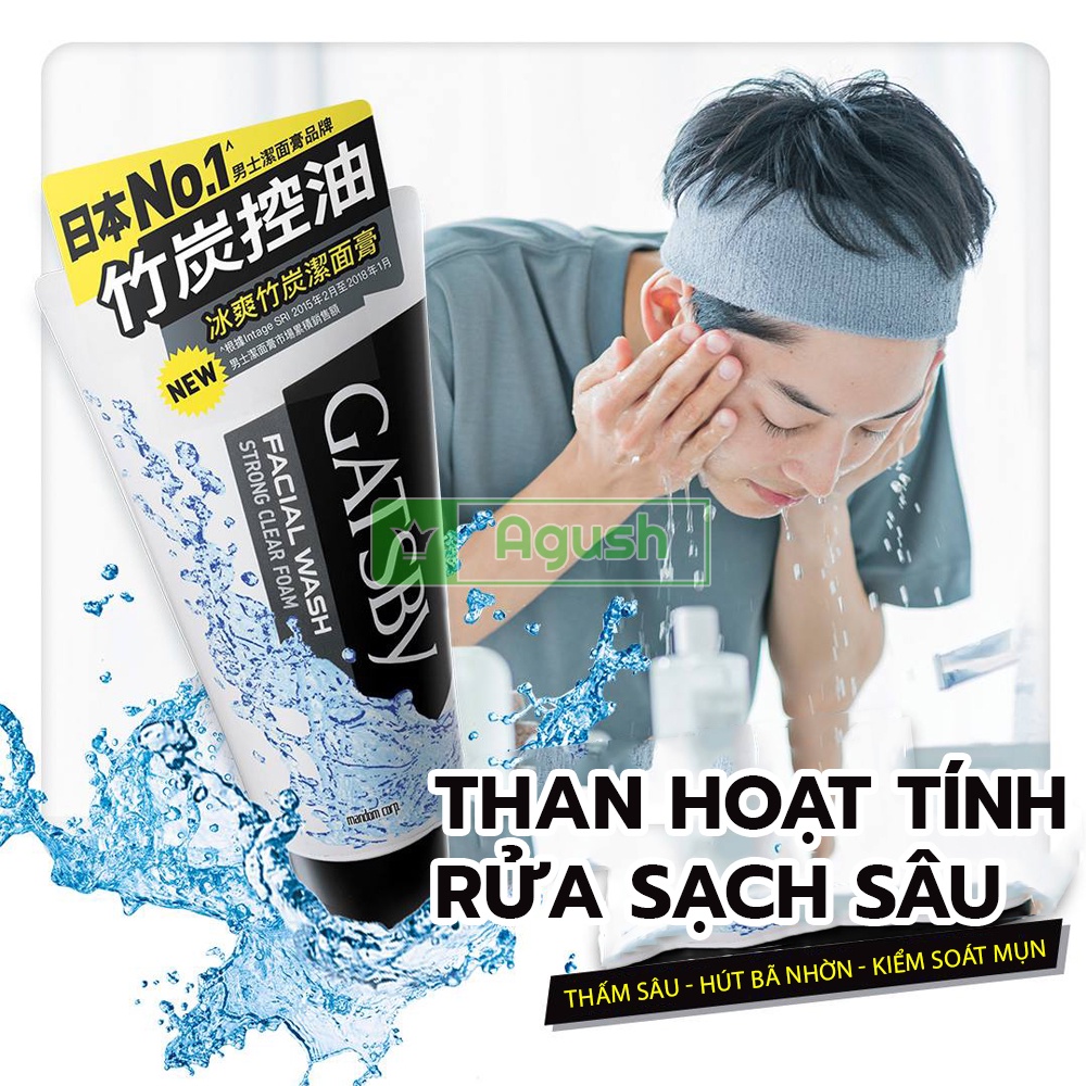 Sữa rửa mặt nam giới da dầu mụn chính hãng Gatsby Facial Wash Strong Clear Foam chai 130g than hoạt tính tạo bọt giá rẻ