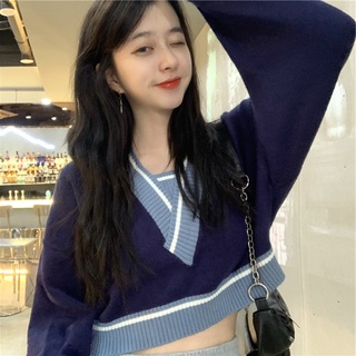 Áo Sweater Dệt Kim Cổ Chữ V Dáng Rộng Màu Sắc Tương Phản Thời Trang Cho Nữ