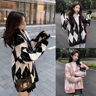 Áo Khoác Cardigan Nữ Kẻ Thoi Form Rộng Đen/ Hồng Chất Nỉ New