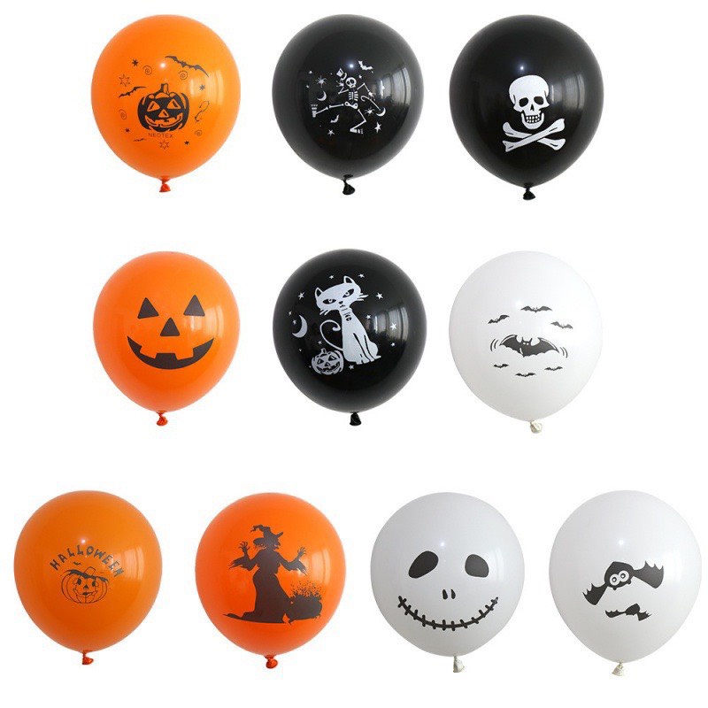 10 bóng Tết giáng sinh, halloween cỡ to màu cam đen trắng in hình đường kính 23cm
