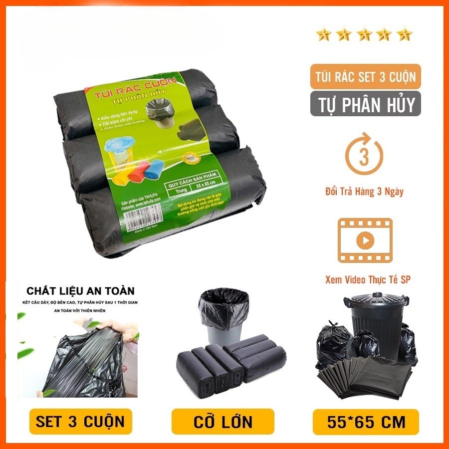 Sét 3 cuộn/túi đủ kích thước lựa chọn. Túi Bóng Đen, Túi Rác Tự Phân ...