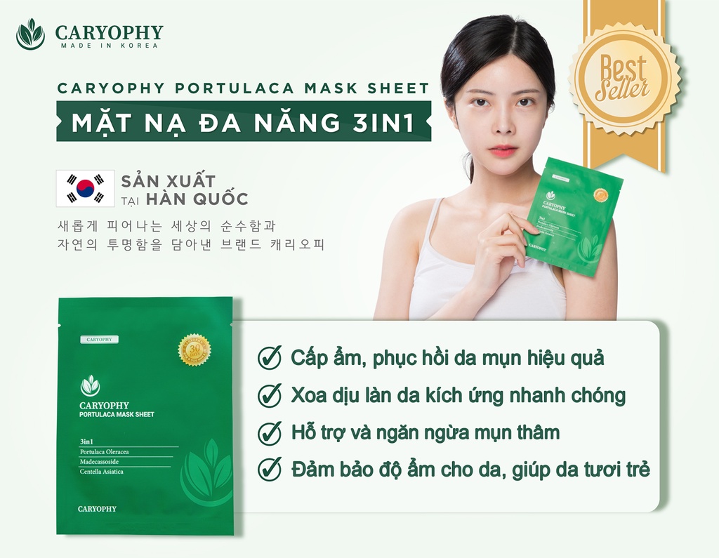 Mô tả Hộp 10 miếng mặt nạ Caryophy Portulaca Mask Sheet Hàn Quốc cấp ẩm dưỡng da giảm mụn mờ thâm - 1