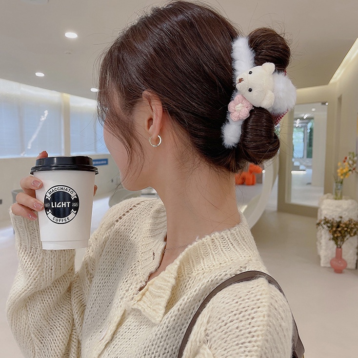 Kẹp Tóc Phủ Lông Đính Thỏ / Gấu Lớn mix Nơ Xinh Xắn Phong Cách Hàn Quốc Phụ Kiện Tóc Nữ Và Bé Gái