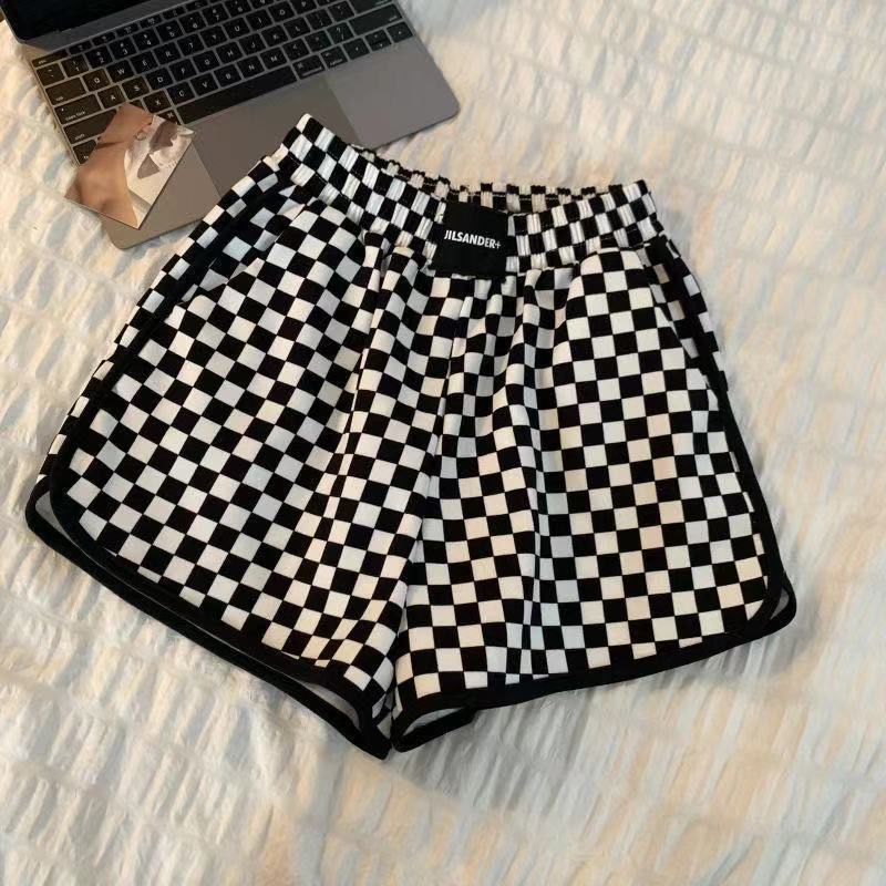 Quần short thường ngày ống rộng eo cao cắt thẳng họa tiết ca rô thời trang mùa hè dành cho nữ