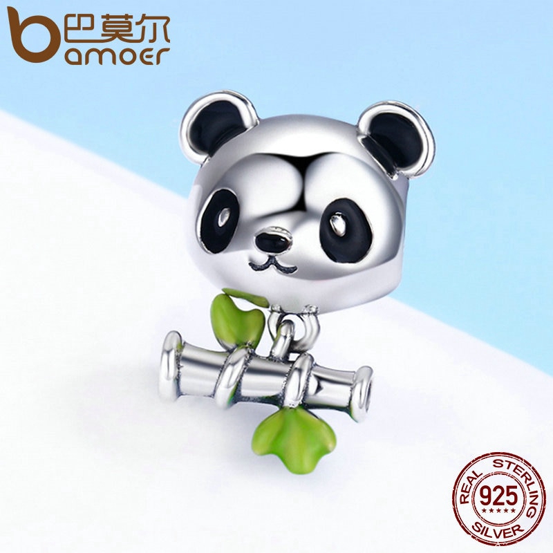 Hạt phụ kiện Bamoer hình gấu trúc bạc 925 cá tính dùng làm đồ trang sức tự làm