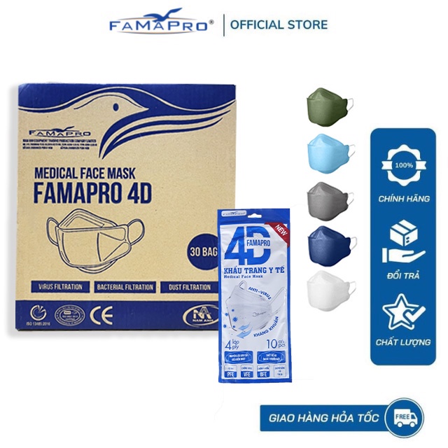 Ảnh Thùng 30 túi FAMAPRO 4D túi 10 cái tiêu chuẩn Khẩu trang 4 lớp kháng khuẩn 1