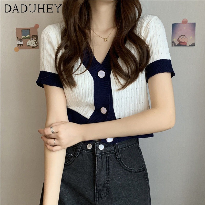 Ảnh Áo thun DADUHEY dệt kim tay ngắn cổ chữ V dáng ôm thời trang mùa hè dành cho nữ có 4 màu tùy chọn 4