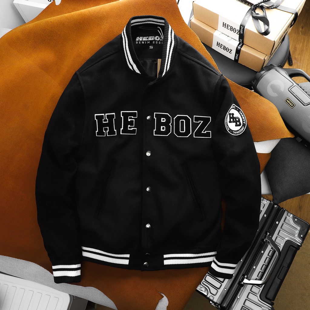 Áo khoác nam HEBOZ varsity club, jacket chất vải nỉ dày dặn cao cấp - BLACK - 00001215