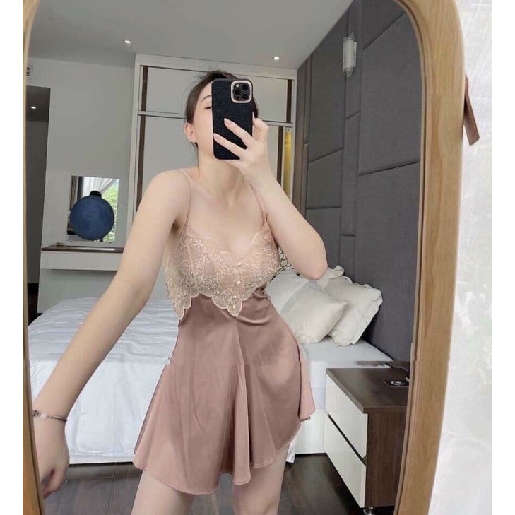 Váy ngủ lụa hai dây phối ren mềm mịn cao cấp Đầm mặc nhà gợi cảm quyến rũ