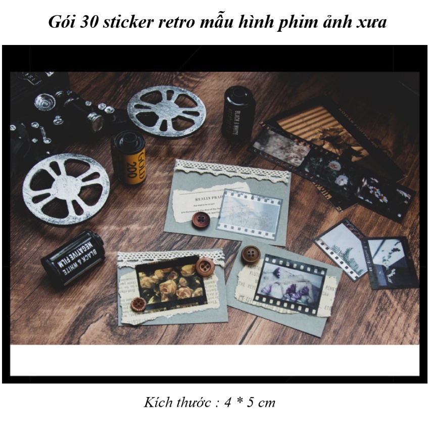 Sticker vintage dán sổ dán mũ bảo hiểm DIY Bullet Journal điện thoại Set 30 miếng phim tài liệu retro HD44-K57