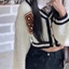 Freeship Áo Cadigan Croptop Len Thêu Ngực Viền Đen