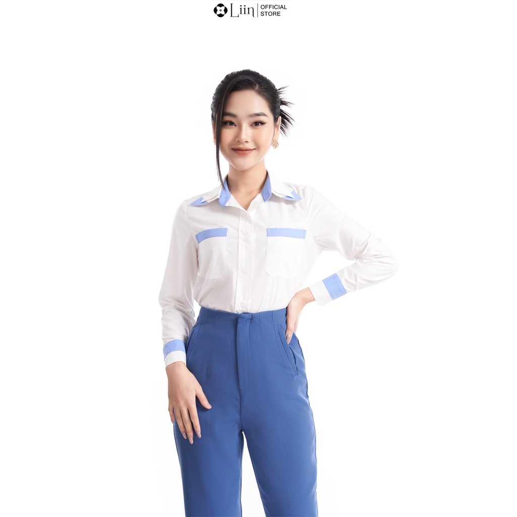 Áo sơ mi nữ linbi màu trắng phối viền blue thiết kế trẻ trung, thanh lịch liin clothing SM4134