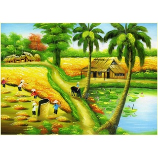 Tranh Dán Tường 3D Đồng Quê Ruộng Lúa Chín Thơm, mùa gặt tại các làng quê nông thôn