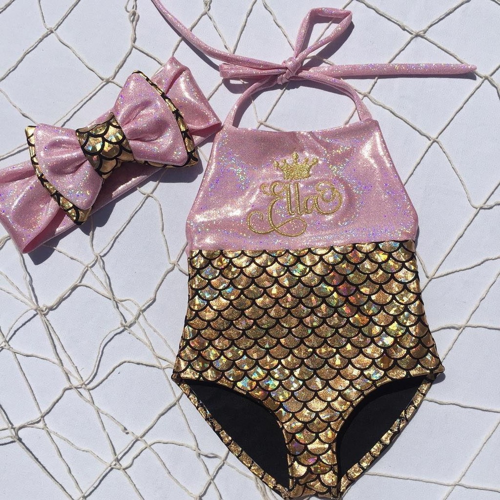 Set 2 món đồ bơi bikini phong cách nàng tiên cá phối nơ kim tuyến long lanh thời trang dành cho bé gái