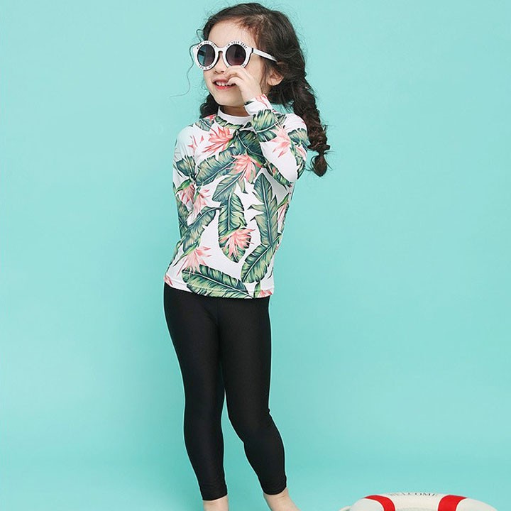 Đồ bơi trẻ em dài tay cho bé gái kèm quần dài lá xanh siêu xinh SPORTY