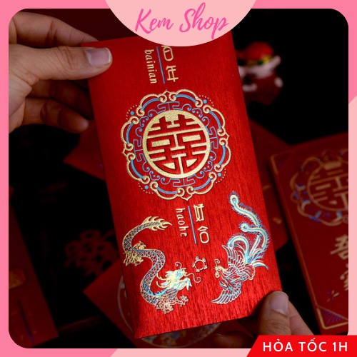 Bao lì xì chữ hỷ trao duyên họa tiết long phượng giấy nhũ dùng cho đám cưới, ăn hỏi đại lễ - Kem Shop K286