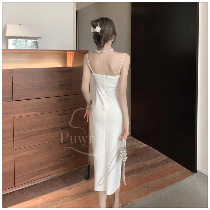 Váy lụa hai dây cổ tròn tiểu thư xẻ tà thanh lịch, quý phái, dự tiệc, prom, sexy Puwn Shop