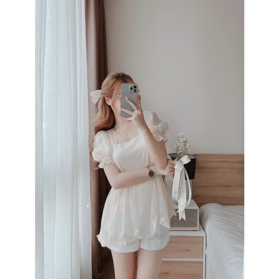 SET ÁO CỔ V NƠ NGỰC TAY BỒNG + SHORT TRẮNG ⚡HỎA TỐC⚡ BÁNH BÈO