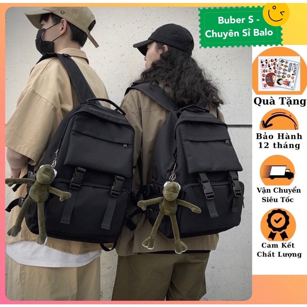 BALO ULZZANG BASIC TRƠN ĐEN nhiều ngăn cỡ lớn đi học đi chơi - thời trang năng động cá tính