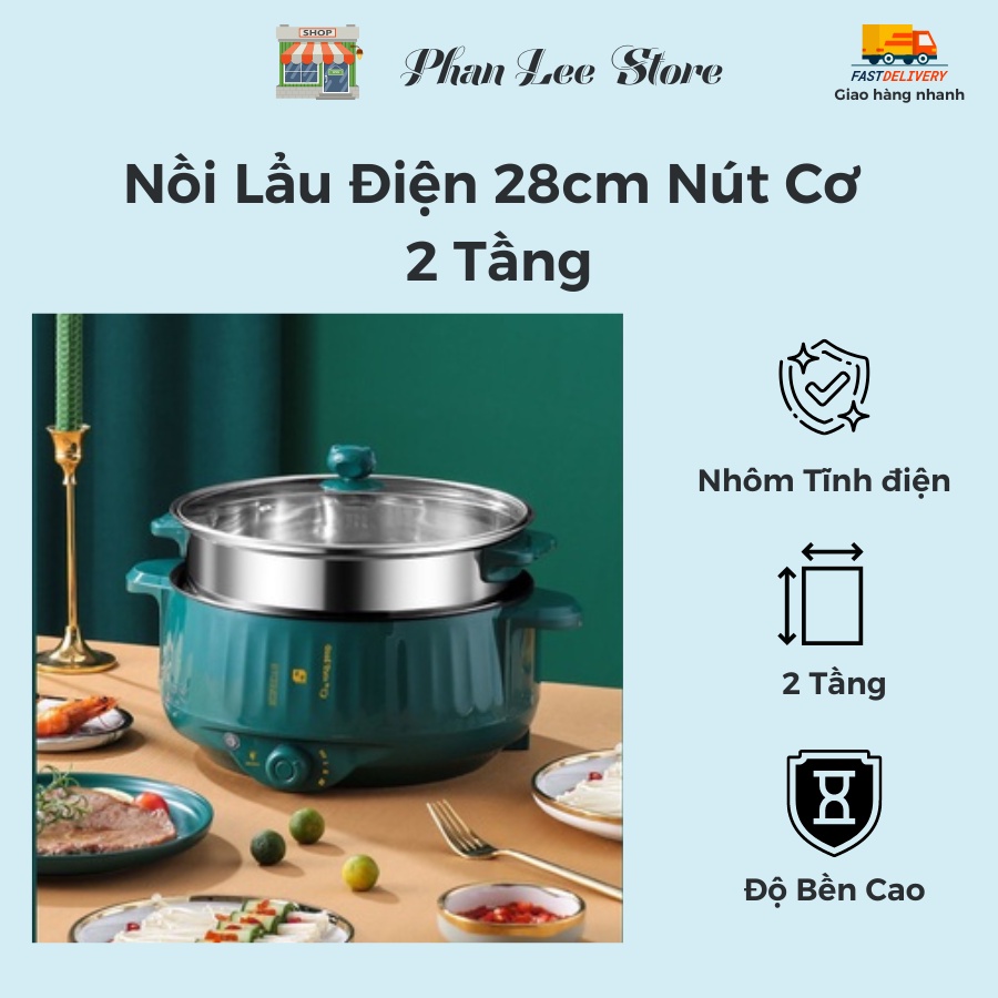 Nồi Lẩu Điện KY-28A 28cm (Nút Cơ) , Nồi Nấu Mì 2 Tầng Kèm Giá Hấp Cao ...