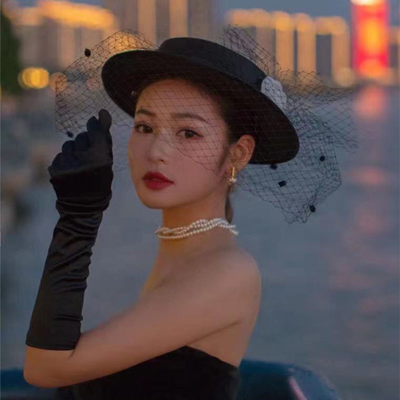 ⭐Còn Hàng⭐Mũ Cưới Phối Lưới Màu Đen Đính Hoa Phong Cách retro Anh Quốc 2022