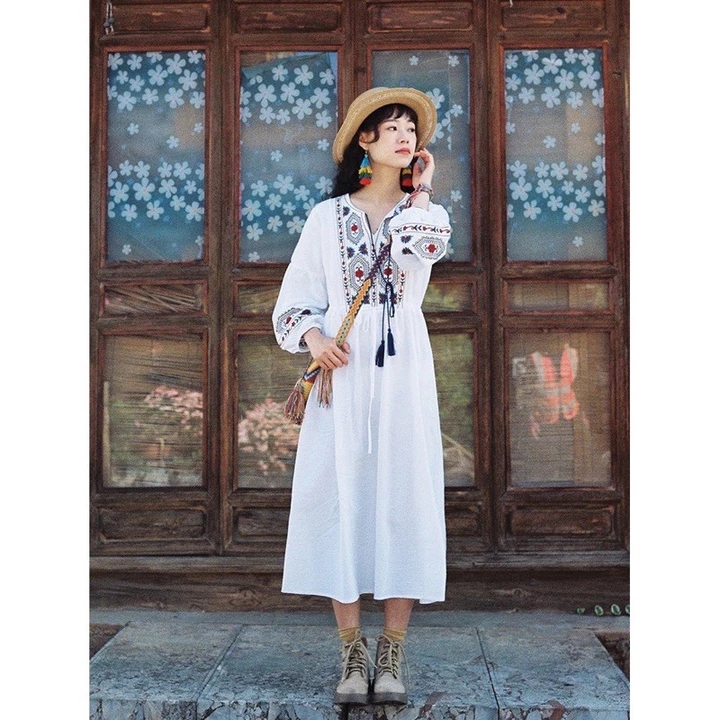 (Sẵn) Váy boho váy bohemian thổ cẩm thêu sắc nét có ảnh thật