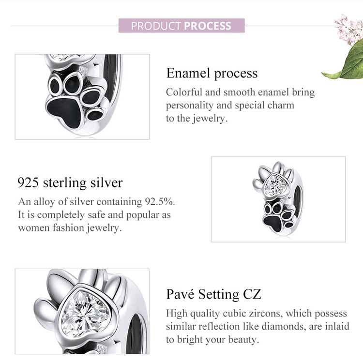 Hạt Charm Bamoer SCC1846 Bạc 925 Thật Hình Bàn Chân Thú Cưng Dùng Để Tự Làm Vòng Tay Thời Trang