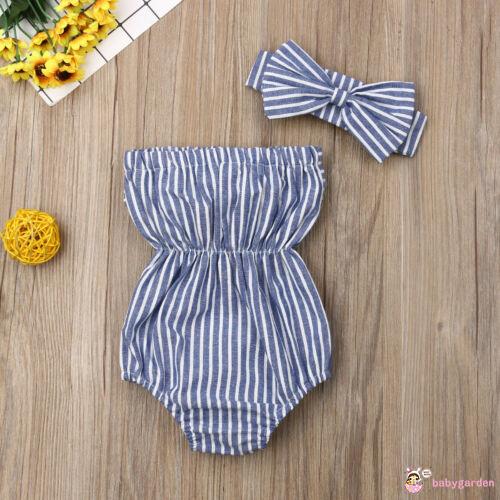 Bé gái lệch vai Áo liền quần không tay sọc nơ lớn + Băng đô