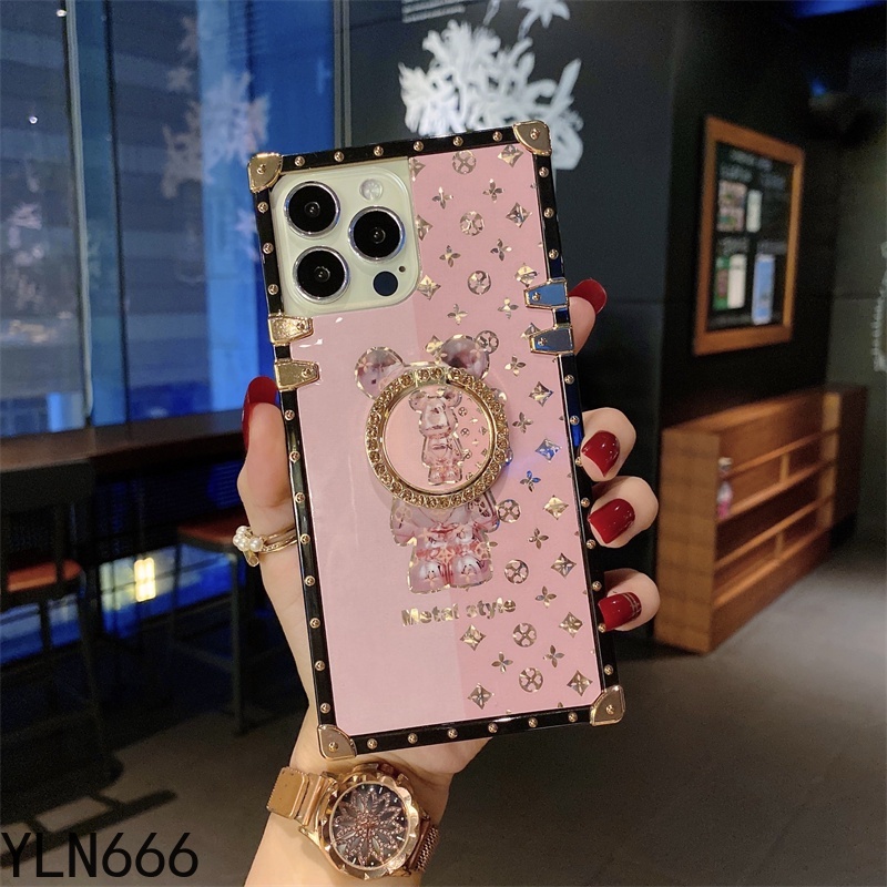 IPhone 16 PROMAX 15 14 PRO MAX 11 12 13 Pro Max X XR XS Max 14 15 16 PLUS Thời trang Bling Long lanh Phim hoạt hình gấu vuông Vỏ điện thoại có đế