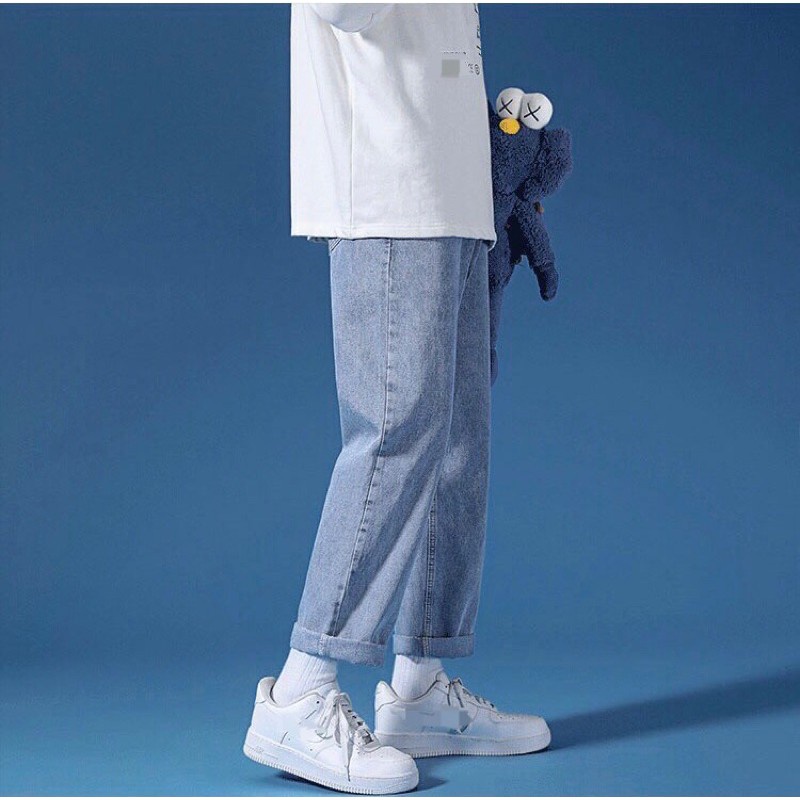 Quần jean baggy xanh unisex nam nữ ống suông ống rộng hottrend phong cách thời trang Hàn Quốc - Finezy