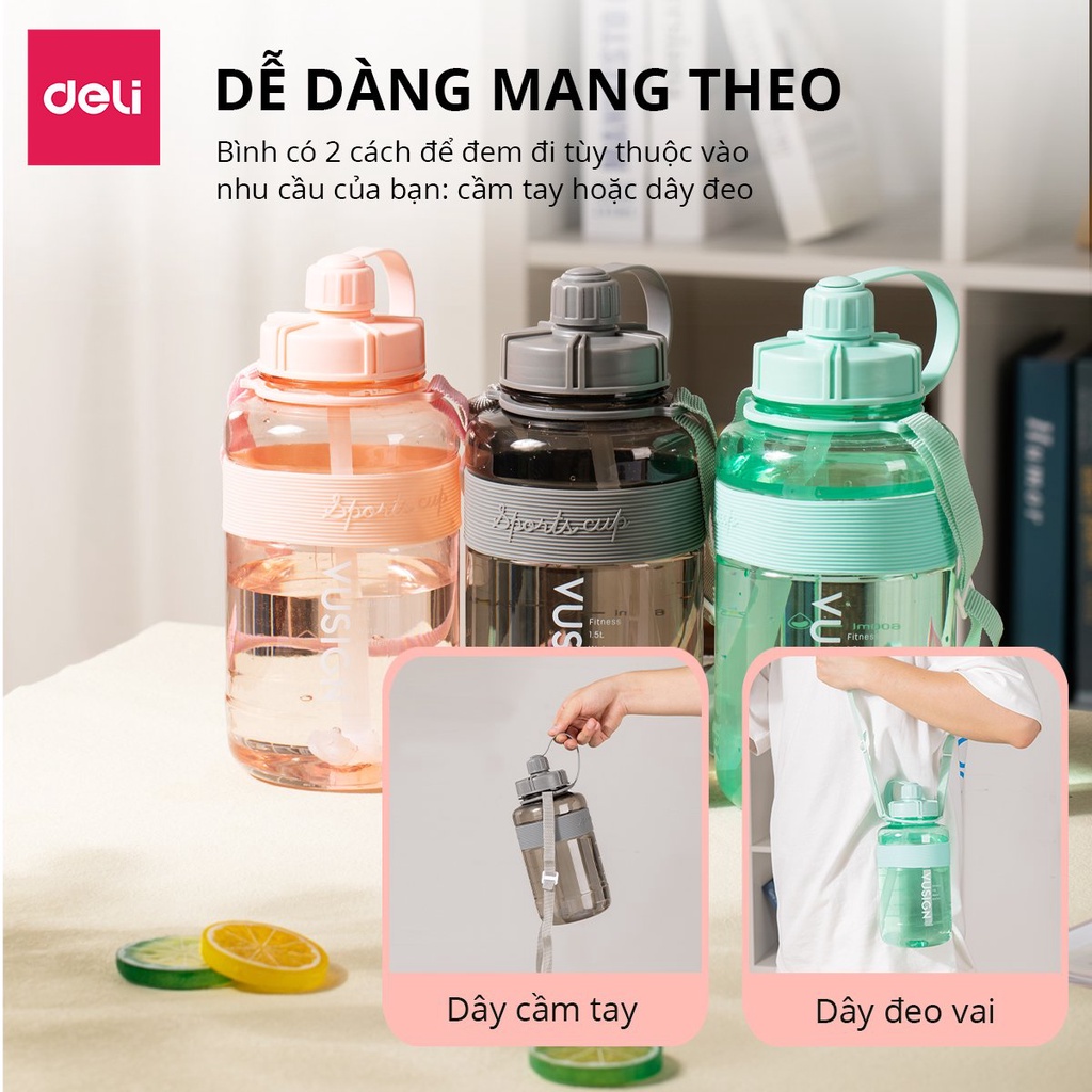 Bình nước 1.5 lít Deli - KHÔNG MÙI NHỰA, THIẾT KẾ MỚI, AN TOÀN với sức khoẻ có giấy kiểm định chất lượng