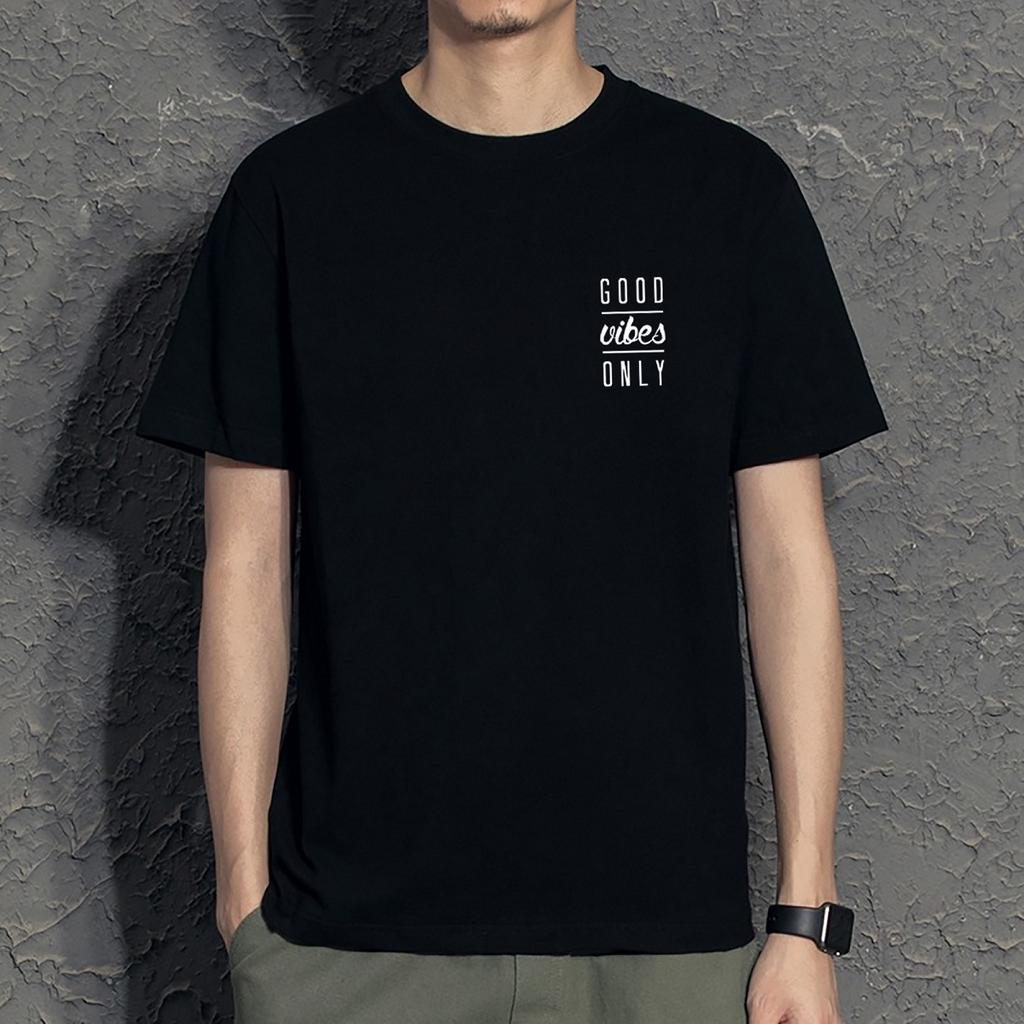Áo thun đen in hình Good Vibes Only co dãn thấm hút mồ hôi size 40-100kg form rộng Basetee Unisex