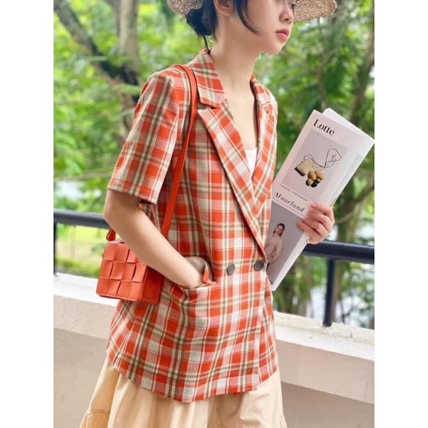 Áo blazer nữ màu cam đỏ caro [MAY THEO SỐ ĐO] -áo khoác vest -chất liệu cao cấp, 2 lớp-lót lụa ngắn tay