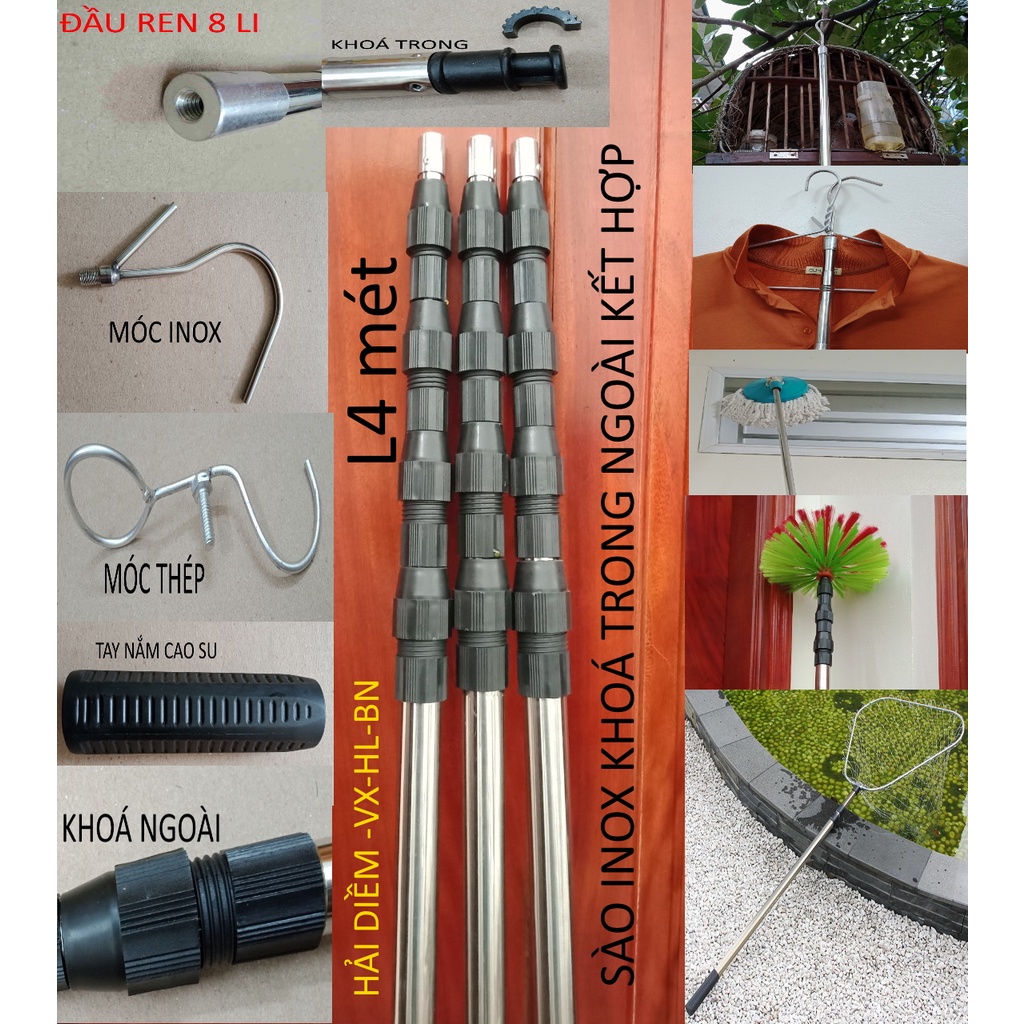 (CN4m)Sào rút inox đa năng,gậy kéo dài như ý và thu gọn dùng móc cành ...