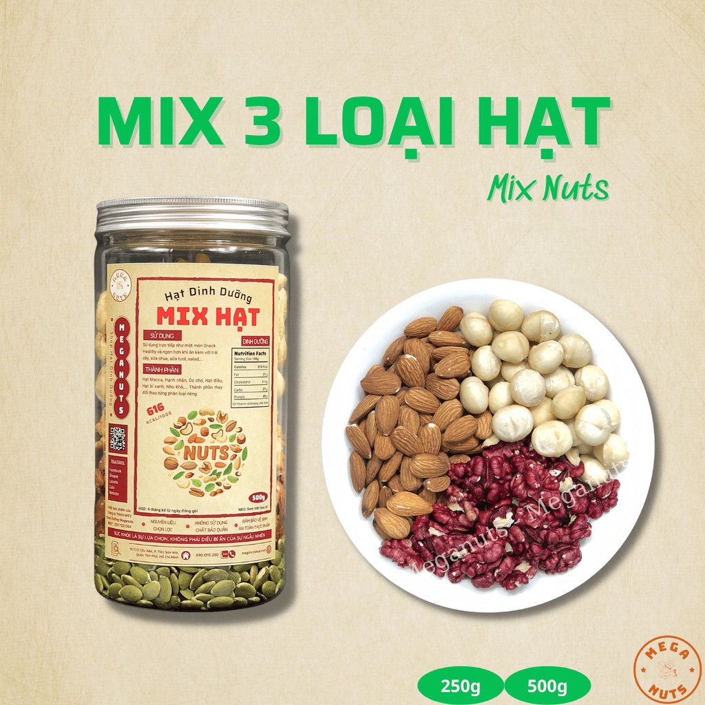 Hạt Mix 3 Loại Cao Cấp: Macca, Óc Chó Đỏ, Hạnh Nhân